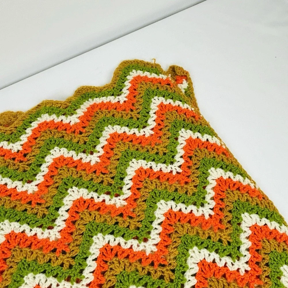 Handmade Throw Blanket Crocheted Granny Afghan Green Gold Orange White 80 x 48